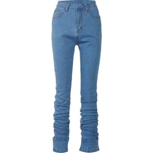 2021 Spring Autumn Women Ruched Denim Jeans Blue High Wait Stacked Skinny Pants Streetwear Fashion Pockets Trousers