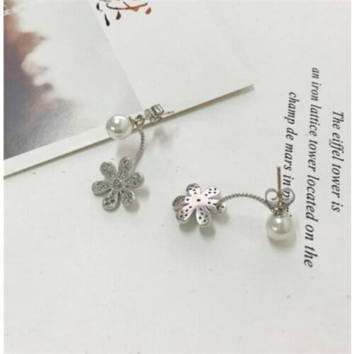 Real Female 925 Sterling Silver Elegant Zircon Flowers Pendant Pearl Studs Fashion Stud Earrings Women Girls Jewelry Gifts SE015