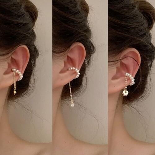 Chic Fashion Gold Link Tassel Chain Crystal Geometric Circle Pearl Ear Cuff Earrings for Women Fake Piercing Clip on Earring