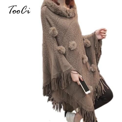 Women Faux Fur Bat Sleeve Ponchos And Capes Round-Neck Knit Tassel Khaki Women Sweaters And Pullovers Faux Fur Coat