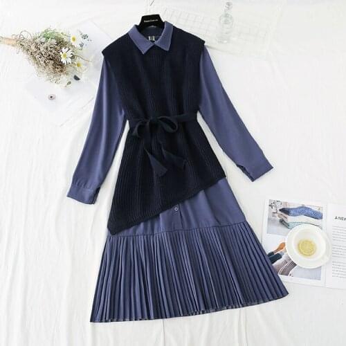2020 New Autumn Winter Womens elegant Clothing Set Lady Long Vest Knitted Sweater + Pleated Dress Suit Vestidos
