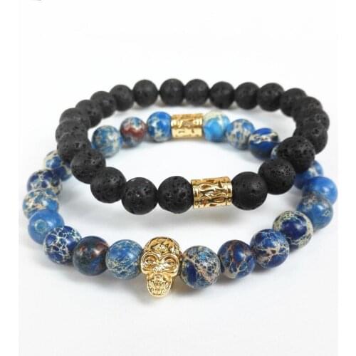 2017 New Design High Grade Men Jewelry 8mm Black Lava stone and Blue Sea Sediment Stone Bead with Gold-color Skull Bracelet