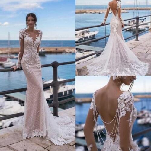 2020 Elegant Beaded Lace Backless Mermaid Wedding Dresses V Neck Applique Backless Bridal Gowns Sweep Train Long Sleeve Wedding