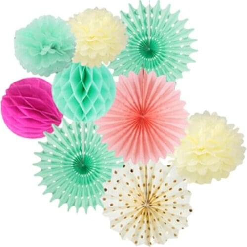 9PCS Summer Theme Party Dress Up Paper Flower Ball Honeycomb Ball Paper Fan Flower Set Showcase Layout Home Festival Party Decor