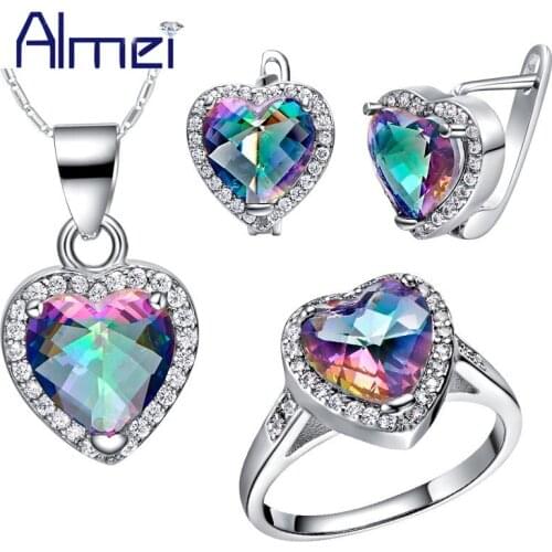 Almei 49%off Silver Color Heart Jewelry Set Wedding Bridal Earrings Necklace Ring Set Rainbow Pink Crystal Jewellery Ladies T481