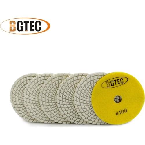 BGTEC 4inch 6pcs #100 Professional wet diamond flexible polishing pads 100mm sanding disc disk for granite, marble, ceramic