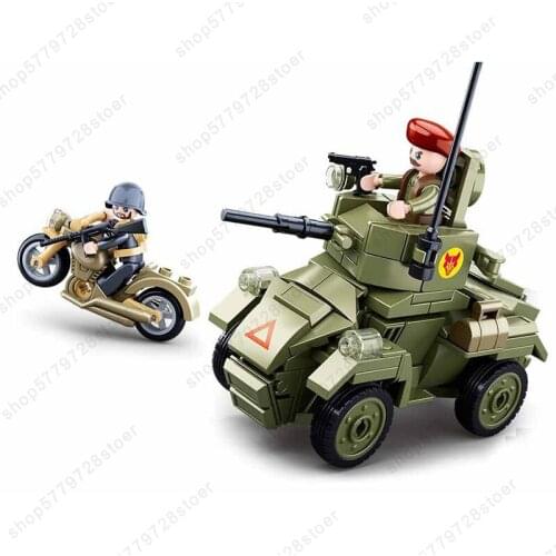 SLuban North Africa War Series Military Motorcycle Tanks Model Building Blocks Toy For Kids Christmas Gift For Children