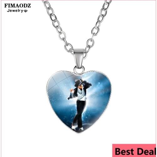 FIMAODZ Fashion World Music King Mike Jackson Glass Cabochon Pendant Necklace Commemorative Necklace Sweater Chain Jewelry Gift