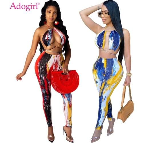 Adogirl Tie Dye Halter Lace Up Two Piece Set Sexy Sleeveless Bra Crop Top Backless Skinny Pants Suit Fashion Summer New 2020