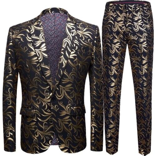 NEW Autumn England style Bright gold Bronzing suit men casual Slim flower printed Slits suits for men 2 piece jacket and pants