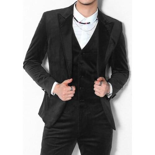 Handsome Groomsmen Velveteen Groom Tuxedos Mens Wedding Dress Man Jacket Blazer Prom Dinner (Jacket+Pants+Tie+Vest) A584