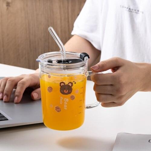 Creative glass scale straw cup with cover transparent glass with straw cartoon lovely water Mug mug for home use
