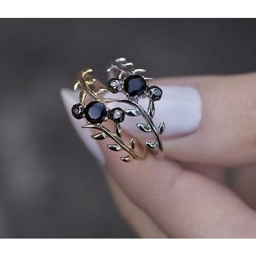 2020 New Wholesale Simple Black Zircon Leaf Rings For Women Trendy Stainless Steel Female Jewelry Engagement Birthday Party Gift