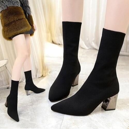 2021 New Pointed Martin Boots Women Thick Heel High Heel Women Boots Stovepipe Black Wool Tube Elastic Short Boots Women