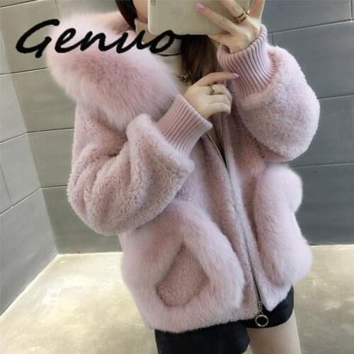 Genuo New High Quality Warm Latest Winter Female Sheepskin Coats Pure Color Fox Collars Faux Fur Furs Big Yards Cashmere Coat