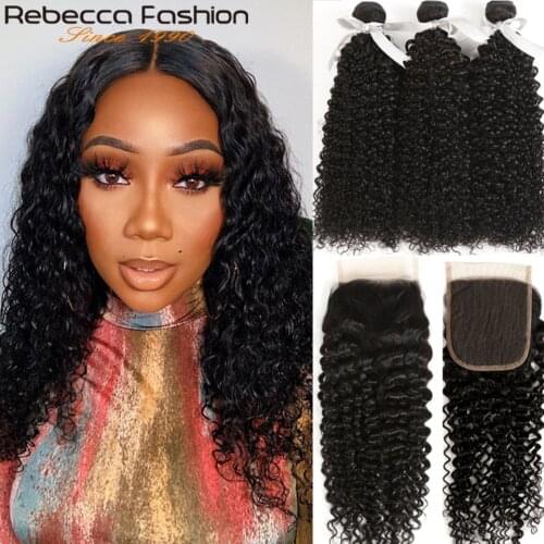 Rebecca Brazilian Kinky Curly Bundles With Closure 3 Bundles Human Hair With Closure Remy Hair Weave Bundles With Closure 8-30 "