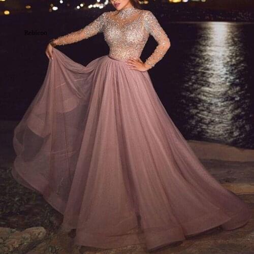 Sexy Women Dress Pink Beading Evening Dresses New Party Dress Gowns Kaftans Long Crystal Prom Dress Robe De Soiree