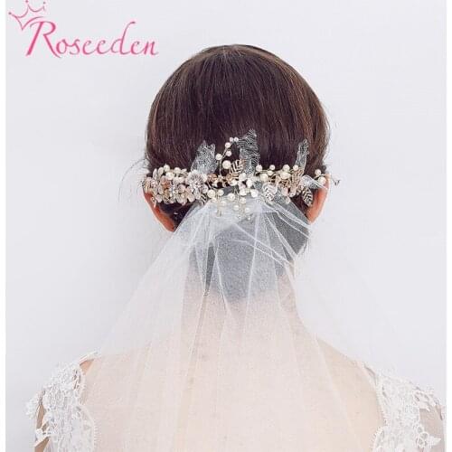 Trendy Leaf Pearl Antique Gold Wedding Hair Combs Tiara Bridal Headpiece Women Head Decorative Wedding Hair Jewelry RE3785