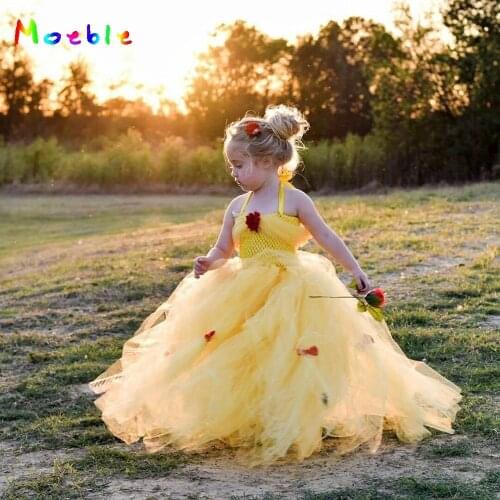 Yellow Princess Belle Tutu Dress Beauty and The Beast Inspired Children Kids Christmas Cosplay Costume Yellow Princess Ball Gown
