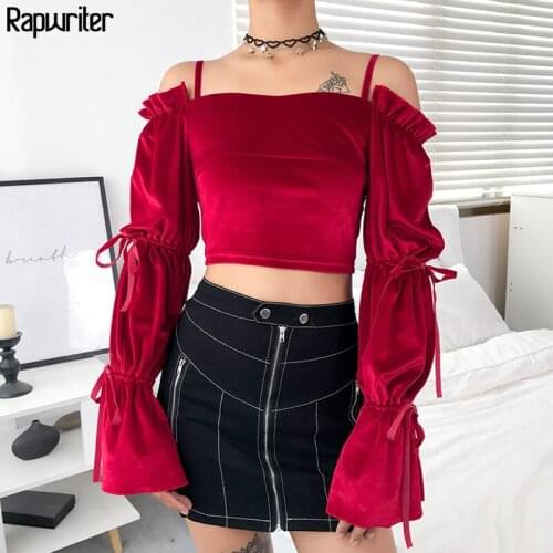 Rapwriter Casual Off Shoulder Spaghetti Strap Bow Velvet T-Shirt Women 2020 Autumn Streetwear Drawstring Long Sleeve Tees Tops