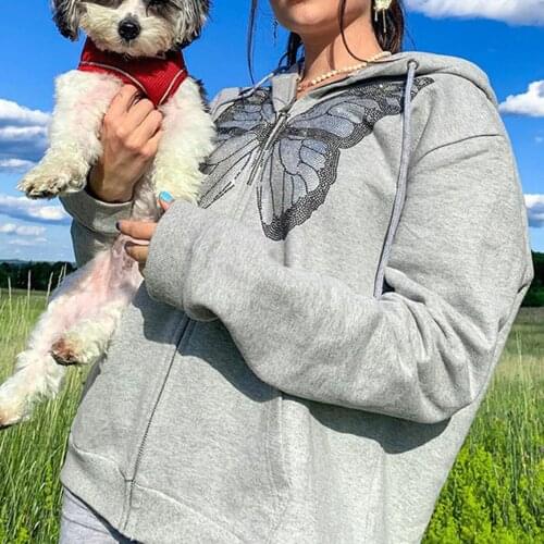 Women Hoodie Loose Butterfly Print Zipper Cardigan Casual Autumn Hooded Female Fashion Sweatshirt Top Streetwear #40