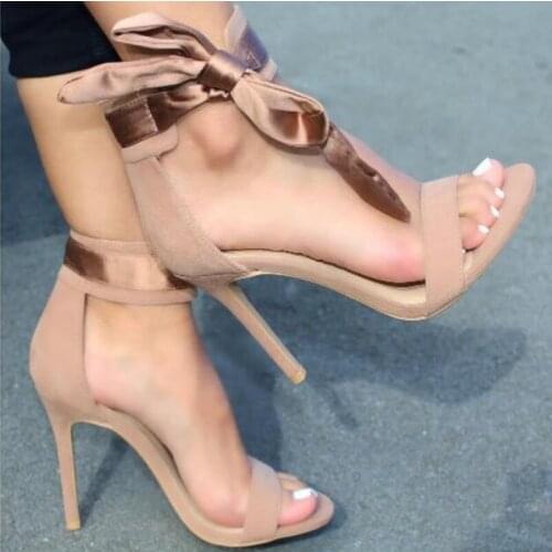 Women Sandals 2018 Summer High Heels Sandal Nude Bowtie Heels Sandals Women Concise Suede Leather Party Dress Shoes Woman