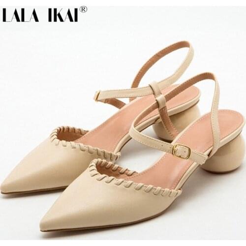 LALA IKAI Shoes for Woman 2020 Classic Round Ball Med Heels Shoes Women Summer Buckle Sandals Casual Party Pumps XWC10198-4