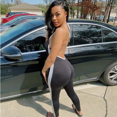 Imcute Backless Halter Jumpsuit Rompers Sports Biker Clothes Clubwear Women V-neck Off Shoulder Streetwear Bodycon One-piece