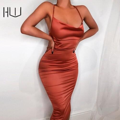 Neon Satin Summer Ladies Sexy Bodycon U Neck Spaghetti Straps Backless Lace Up Vintage Buttocks Midi Dress Party Outfits Clothes