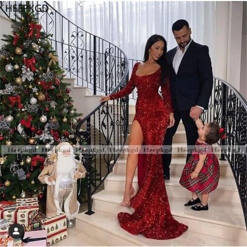Burgundy Mermaid Prom Dresses With Long Sleeves High Slit Sparkly Sequins Arabic Women Formal Dress Customize Party Gowns