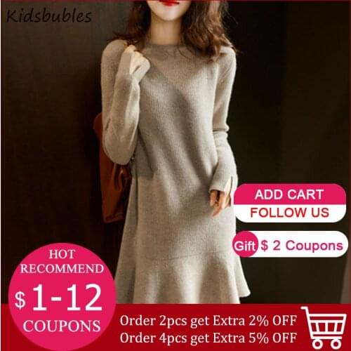 Women Sweater Dress Knitted Spring Autumn Winter Base Temperament Round Neck Solid Color Ruffled Hem Warm Simple Sweet Lady