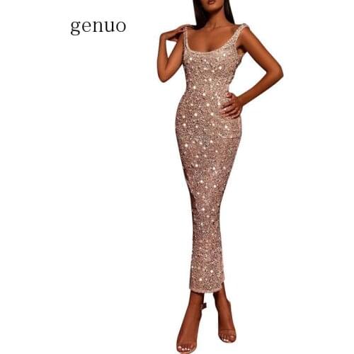 Sexy Bling Bling Vestidos de cctel Square Neck Ankle Length Champagne Gold Sheath Lady Party Dress Vestidos de cctel formal