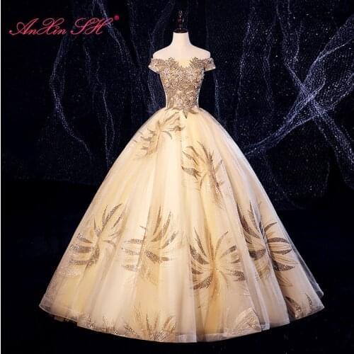 AnXin SH princess golden flower champagne lace sparkly boat neck illusion bride vintage party ball gown flower evening dress