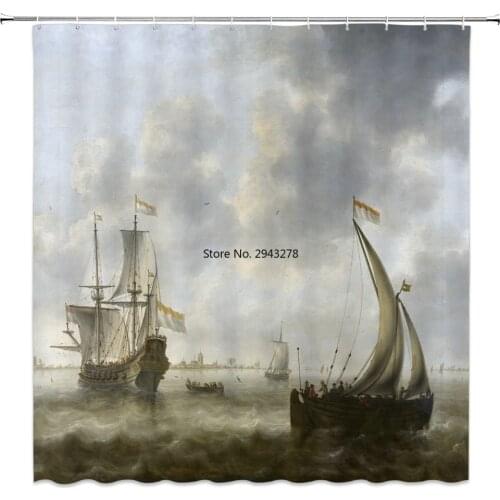 Printing Retro European Painting 3d Shower Curtain Fabric Bathroom landscape Boat lighthouse Curtain Hooks Waterproof Multi-size
