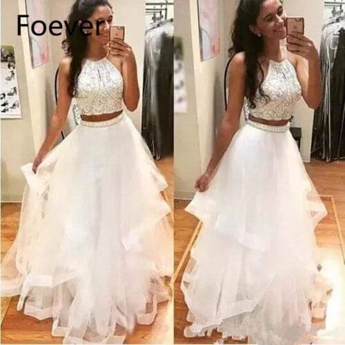 White Two Pieces Prom Dresses 2019 Halter Neck Long Tulle Crystal Beads 2 Pieces Open Back Party Dress Evening Gowns