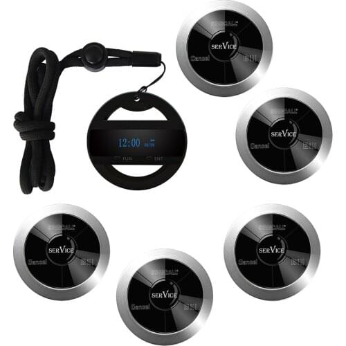 SINGCALL Wireless Calling System, Restaurant Call Button, 1 Lanyard Watch Receiver with 5 Three-Key Pagers APE330 Silver