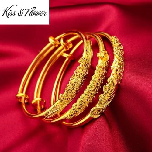 KISS&FLOWER BR167 Fine Jewelry Wholesale Fashion Woman Birthday Wedding Gift Peacock Round 24KT Gold Resizable Bracelet Bangle