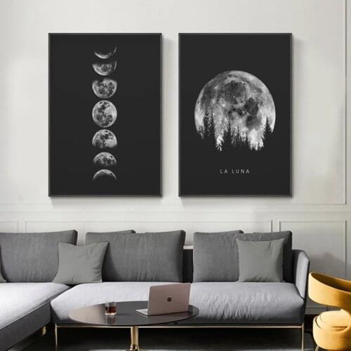 Black And White Full Moon Art Minimalism Sun Moon Sky Moon Phase Solar System Canvas Pattern Living Room Decoration Painting