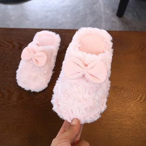 Childrens Cotton Slippers 2021 Winter New Girls Cute Bow-knot Warm Home Shoes Indoor Toes-capped Hairy Shoes Fashion Sweet Chic