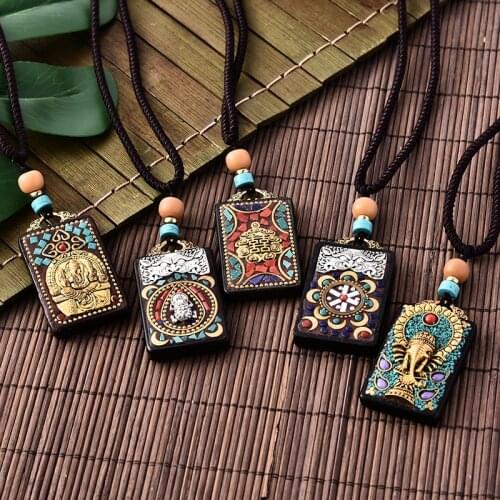 Exotic Black Sandalwood Necklace Ping An Buddha Nepalese National Style Long Sweater Chain Versatile Cotton Linen Accessories