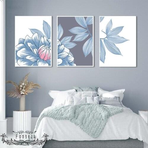 Elegant Blue Pink Floral Dahlia Flowers and Leaves Poster Wall Art Print Botanical Canvas Painting Nordic Interior Decoration