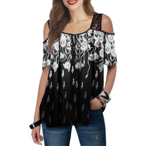 Summer Lace Sling Floral Printing Off Shoulder Short Sleeve T Shirt Women Sexy Elegant Casual Loose Streetwear Tops