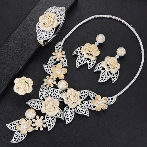 LARRAURI Fashion Big Flower Statement Women Necklace Drop Earrings Resizable Rings Bracelet Luxury Bride Wedding Jewelry Sets