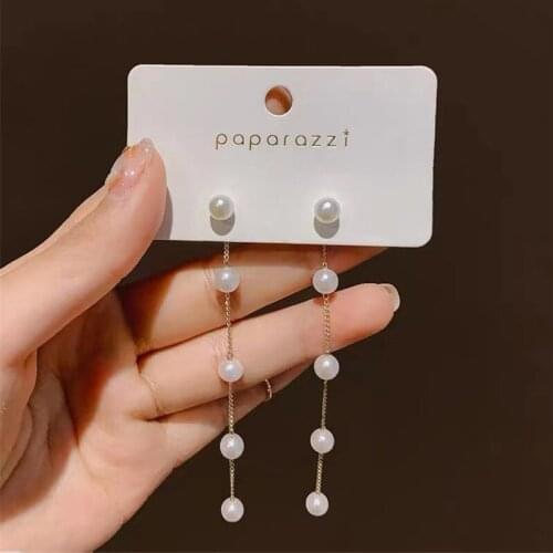 Fashion Simulation Pearl Long Earrings For Women Female Round Pearl Chian Drop Earrings Statement Jewelry Trend Wedding Gift