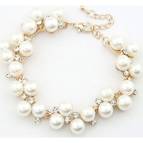 Fashion Charm Crystal Rhinestone Pearl Beads Bracelet Cuff Chain Women Jewelry