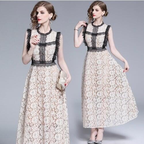 New Sleeveless Large Pendulum Summer Maxi Dress Vestidos Verano 2020 Eyelash Lace Stitching Hollow Long Party Dress Plus Size