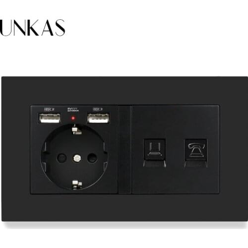 UNKAS PC Plastic Panel EU Standard Wall Socket with 2 USB + Telephone Connector and RJ45 Internet Jack enchufe usb pared