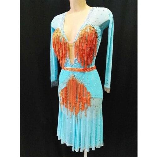 Latin dance dress sexy Latin Dress stretchy sheer fabric see through Samba Salsa Competition Costume With Bra Leotard