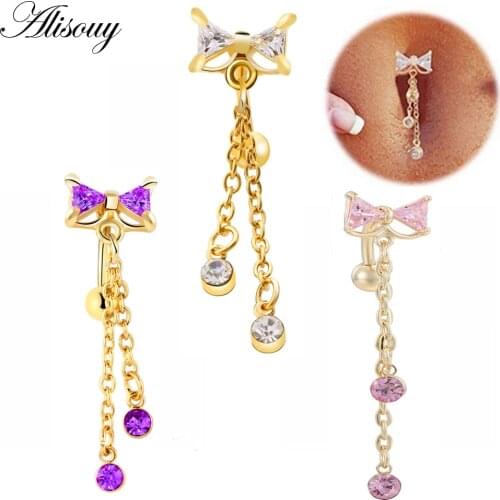 Alisouy 1 PCS new Reverse Belly Button Ring Dangle Bow knot Clear CZ Navel Bar Gold Dangle Body Jewelry tragus piercing earring