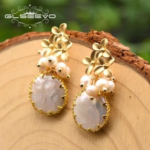GLSEEVO Natural Fresh Water White Pearl Flower Drop Earrings For Women Girl Wedding Party Charm Handmade Luxury Jewelry GE0872A